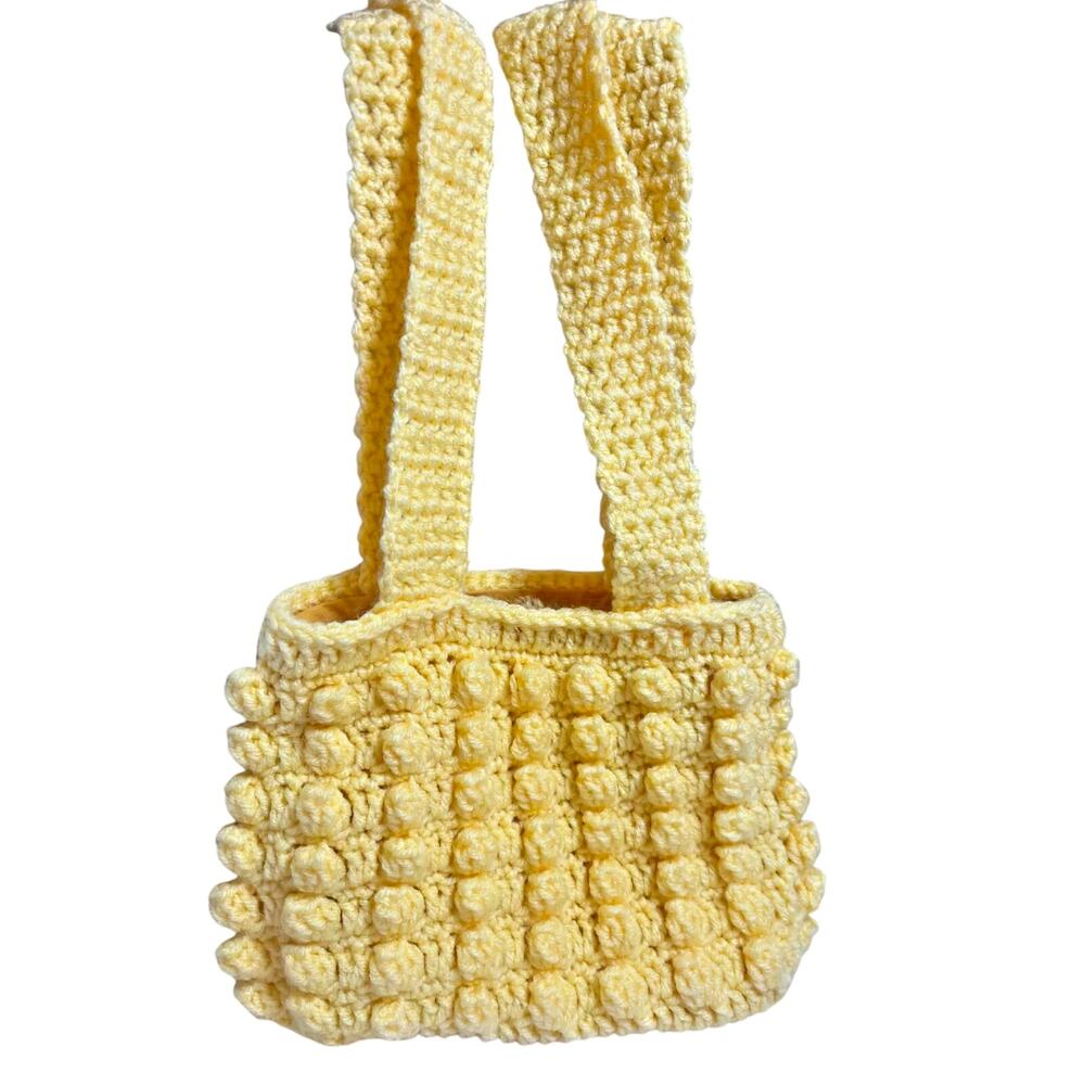 Vintage 70s Style Yellow Popcorn Crochet Shoulder Bag Boho Hippie Festival Purse